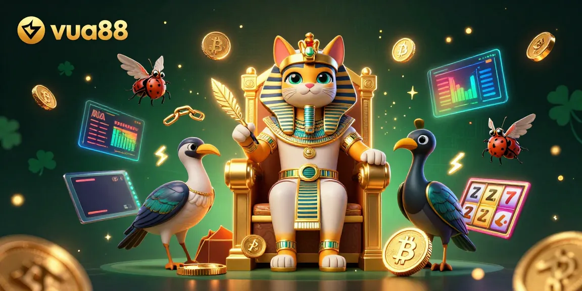 Engage with thrilling slots and jackpots at vua88, featuring a vibrant 3D pharaoh cat surrounded by dynamic gaming elements.