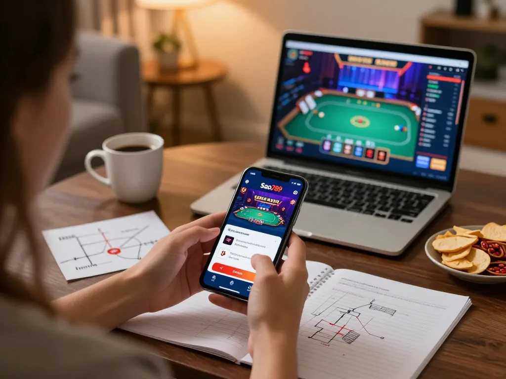 Sao789 player strategizing with mobile app in cozy home environment, capturing excitement of online gaming.