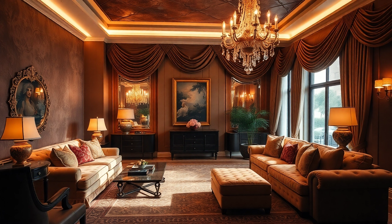 Luxury living room with elegant decor and warm lighting inviting comfort and sophistication.