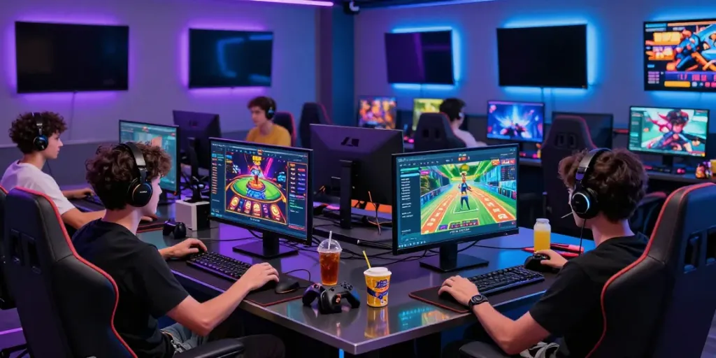 F168 online gaming lounge featuring friends enjoying interactive games and vibrant LED displays in a modern atmosphere.