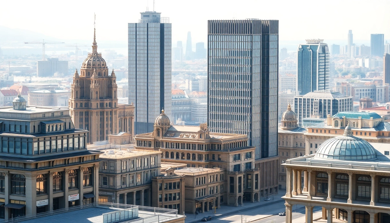 Visualisierung architektur zeigen moderne Stadtansichten und prägnante Bauwerke.