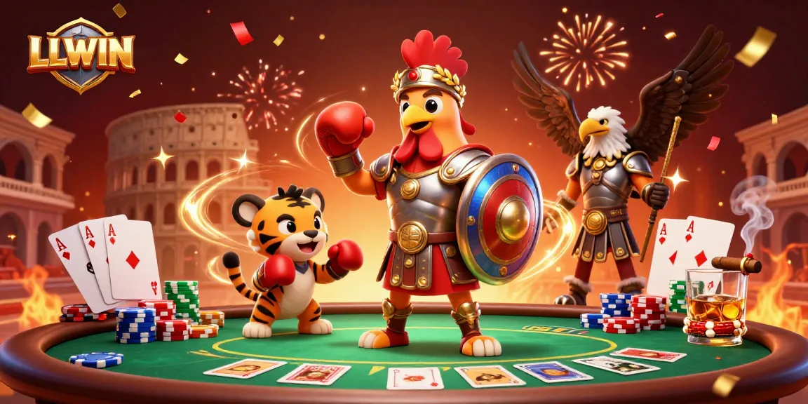 Experience the excitement at LLWIN's dynamic gaming scene featuring casino characters and high-stakes poker action.