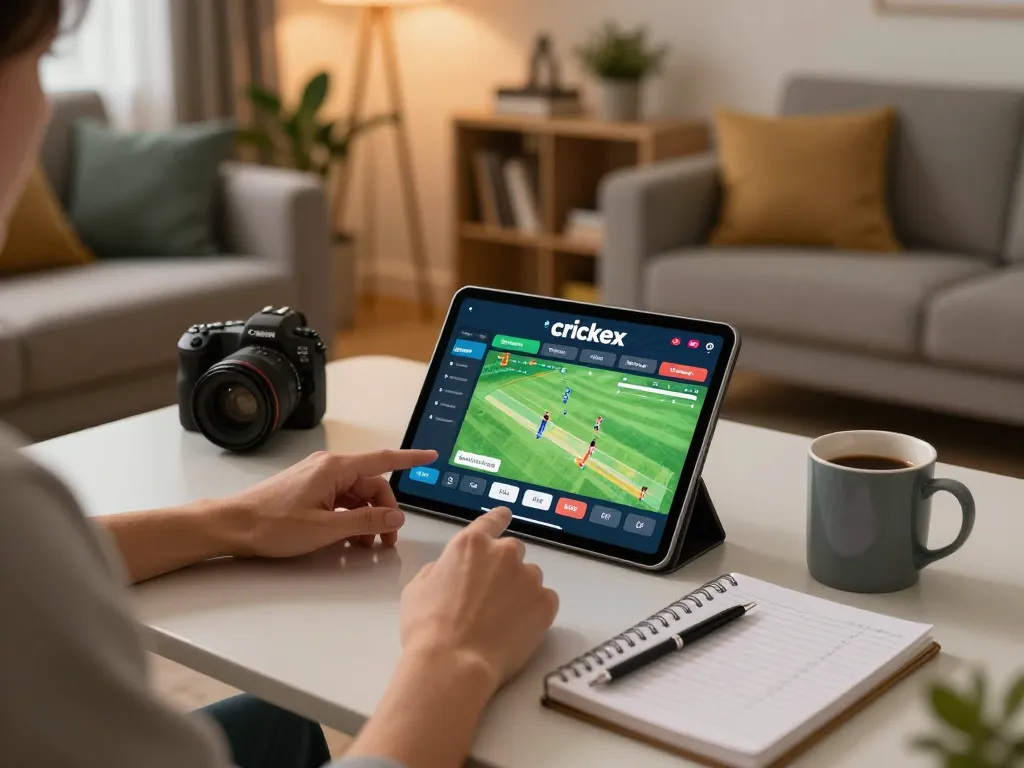 Engaging in live betting on Crickex using a tablet in a cozy home setting, showcasing strategic thinking and excitement.