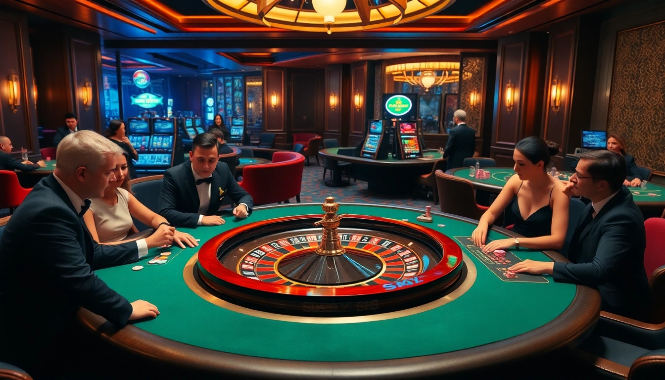 Exciting poker game at SKY88 casino with players and luxury poker chips.