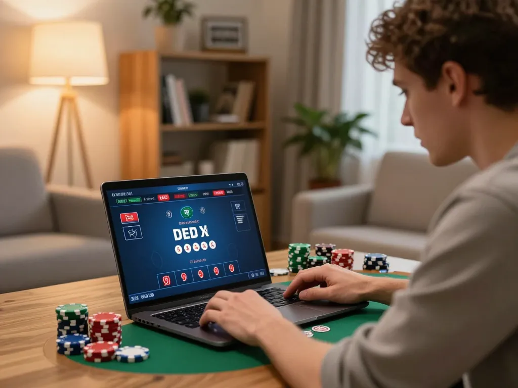 Player enjoying SC88 poker game online on laptop in a cozy home setting