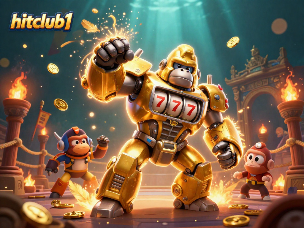 Engage with hitclub1's thrilling gaming action featuring a dynamic golden gorilla mech and intricate casino elements.