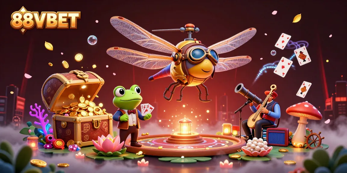 Engage with the fun and vibrant world of 88VBET in this lively casino scene with a frog croupier and more.