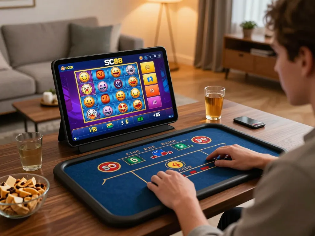 A player engaging with the SC88 online casino app on a tablet in a cozy living room setting