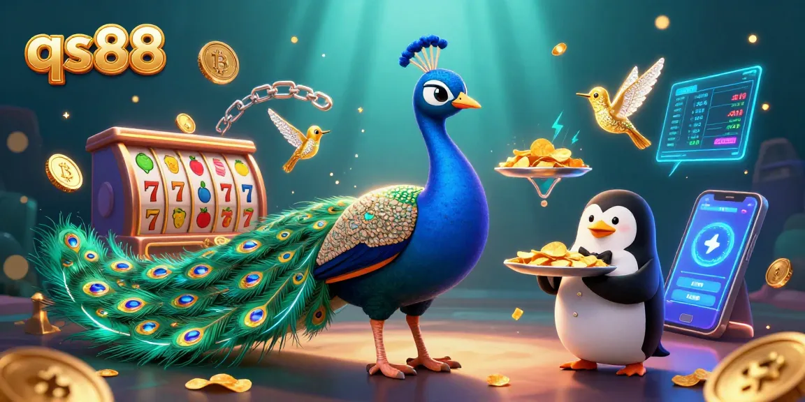 Experience casino excitement with qs88 featuring a peacock, penguin, and hummingbird in a vibrant 3D scene.