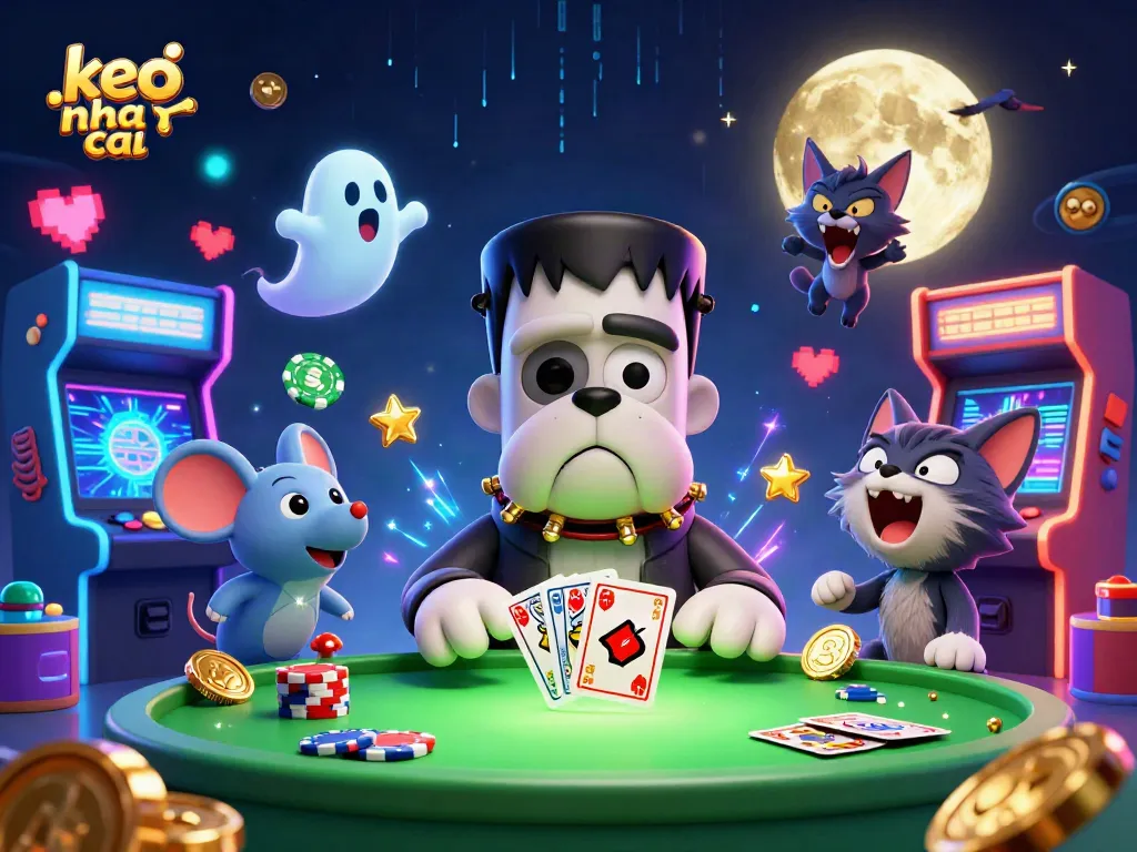 Join the action with keo nha cai as the bulldog monster deals cards at a spooky casino.