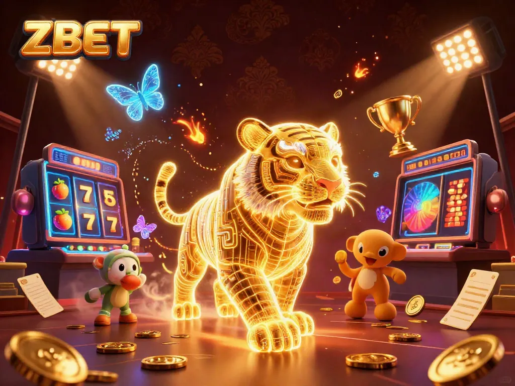 ZBET offers thrilling gameplay in a digital casino world with a dynamic golden tiger and vibrant gaming symbols.