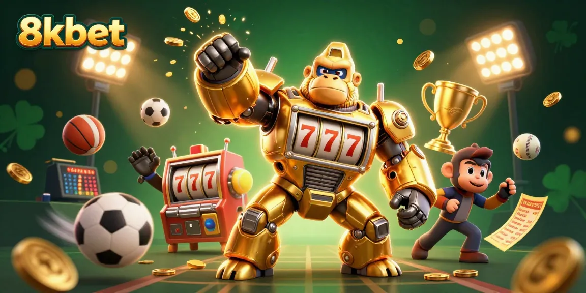 Engage with thrilling odds and gaming excitement at 8kbet, featuring a dynamic illustration of a golden gorilla mech and sports elements.