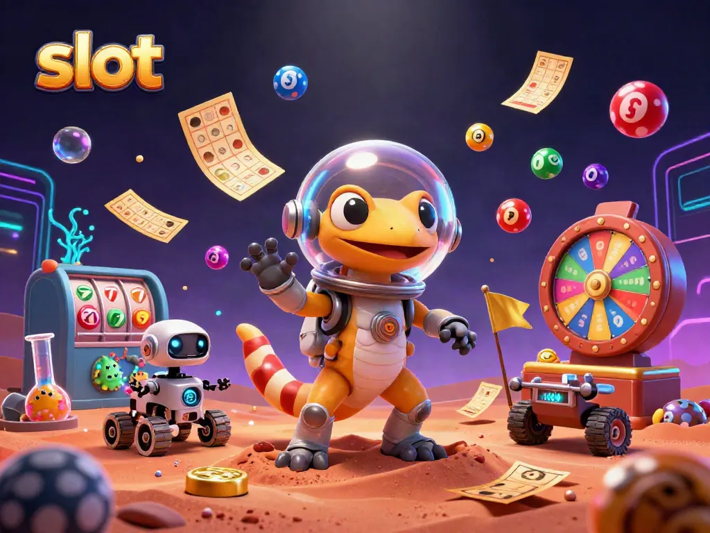 Engage in slot gaming strategies with a Martian gecko exploring a golden casino amid vibrant elements.