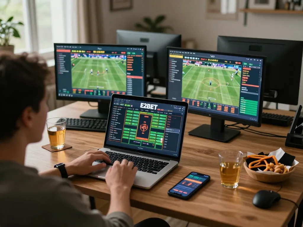 E2BET user placing live bets on a smartphone while engaged in a strategic sports betting session at home