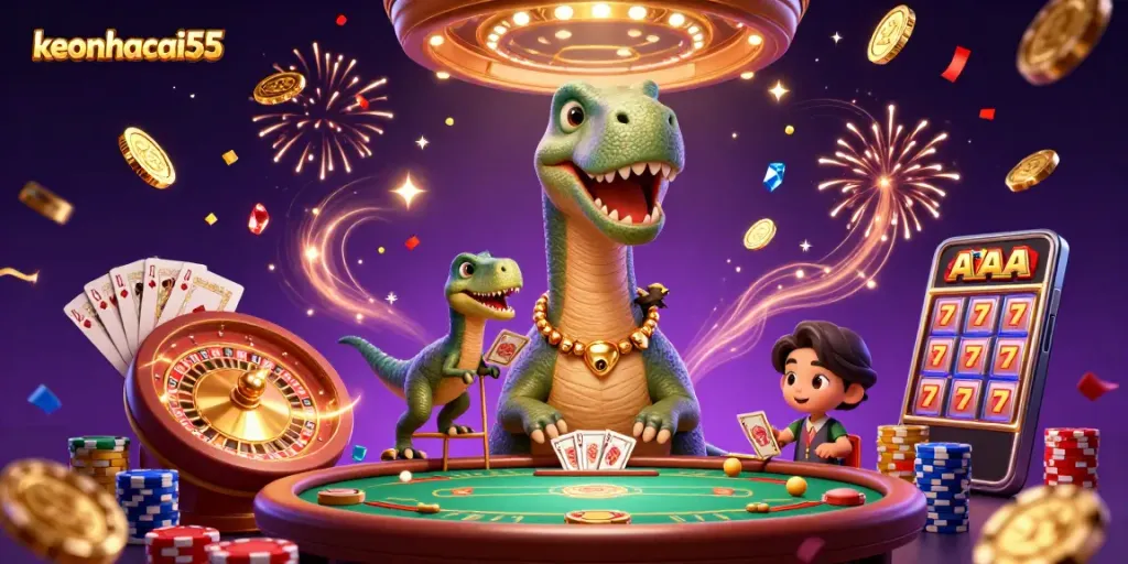 Engage with keonhacai55 as the brontosaurus reaches for the poker table in this dynamic casino scene.