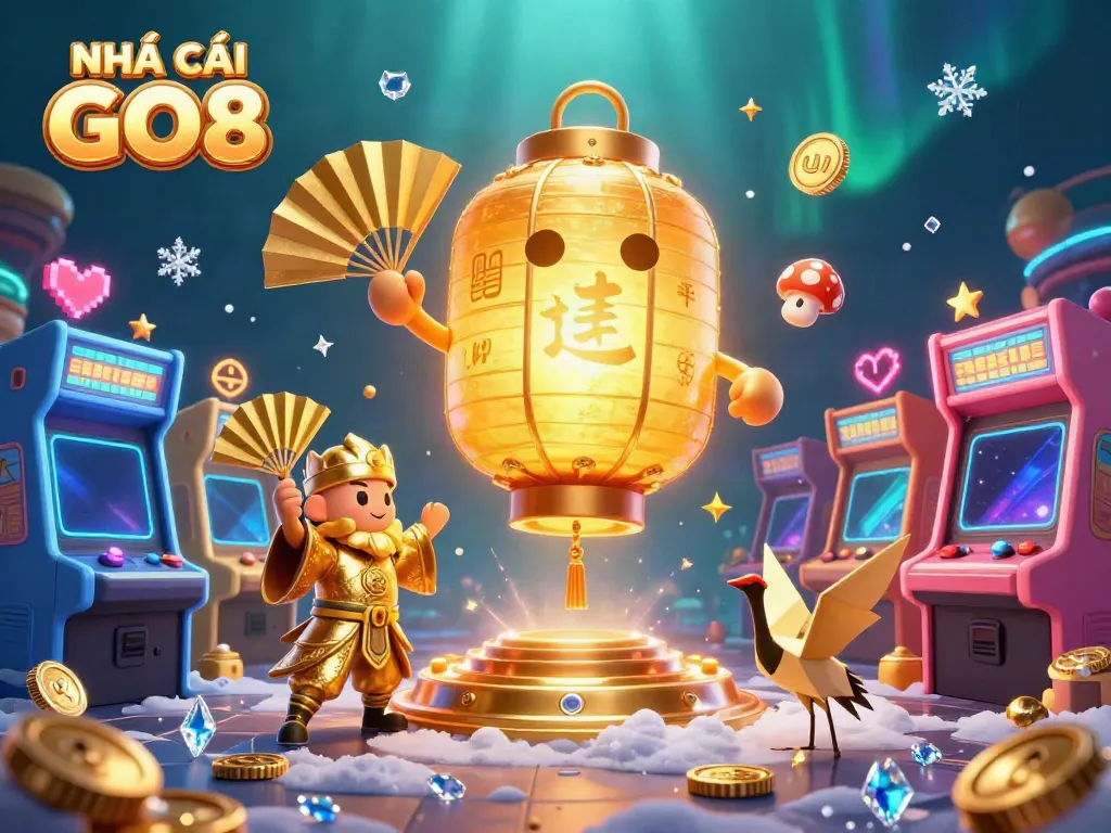 Experience the excitement with NHÀ CÁI GO8 in this vibrant casino illustration featuring game elements!
