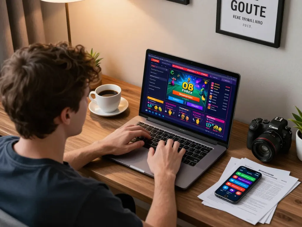 Engaged player enjoying O8 FOREX online casino gameplay at home, showcasing a vibrant gaming interface and warm lighting.