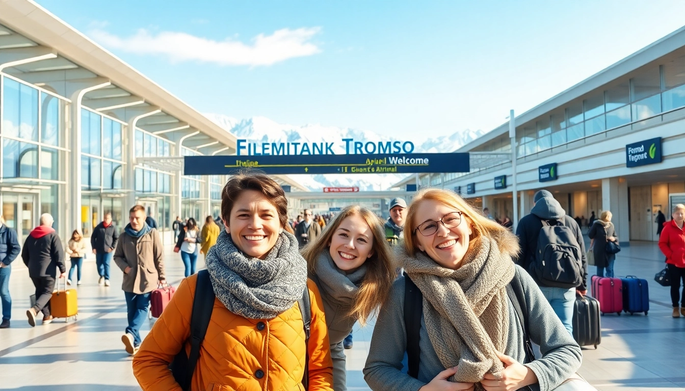 Flughafen Tromsø zeigt fröhliche Reisende, die am modernen Terminal ankommen.