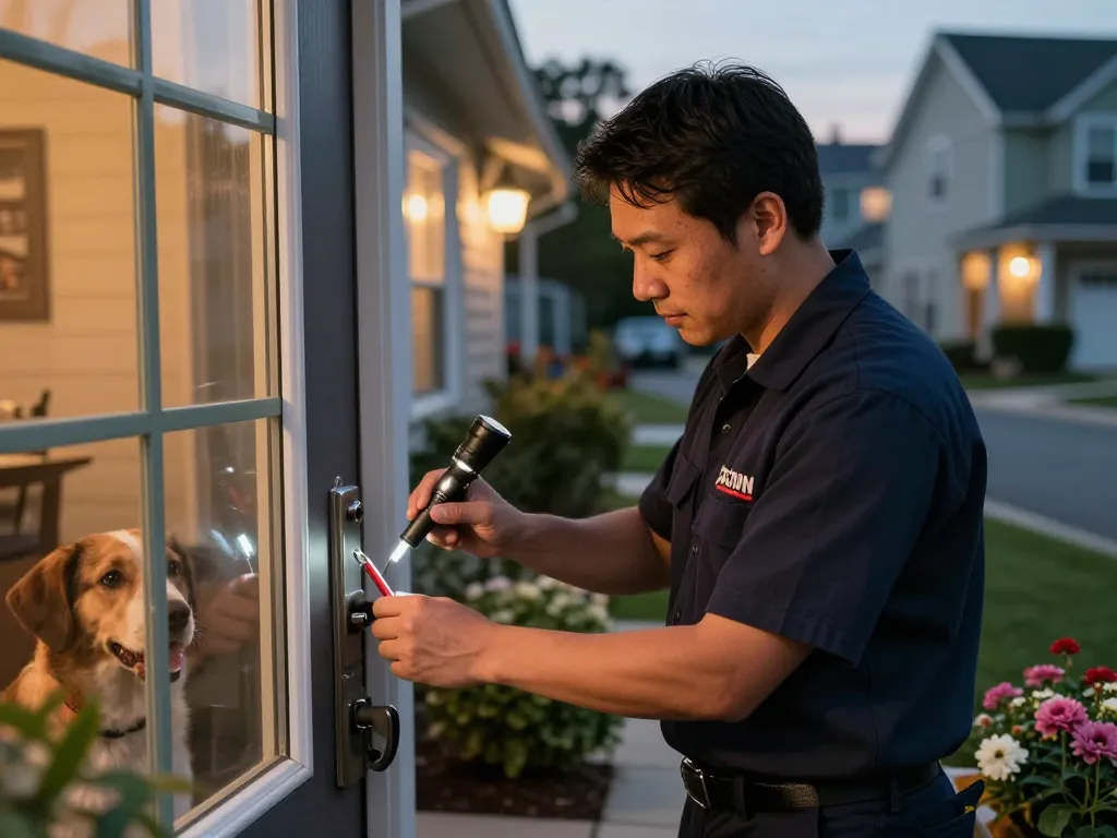 Local locksmith Stuart unlocking a front door in a cozy neighborhood setting, enhancing home security.