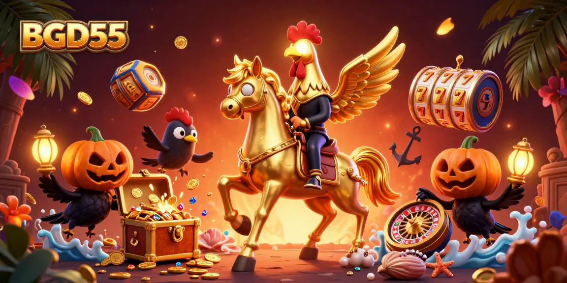 BGD55 offers thrilling casino action with slots and golden rooster in a vibrant 3D scene.