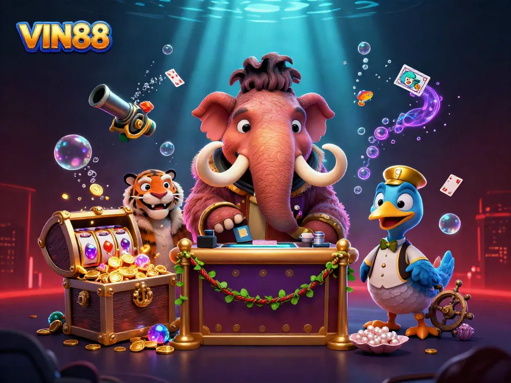 VIN88 casino bouncer checks IDs in a vibrant underwater casino scene.