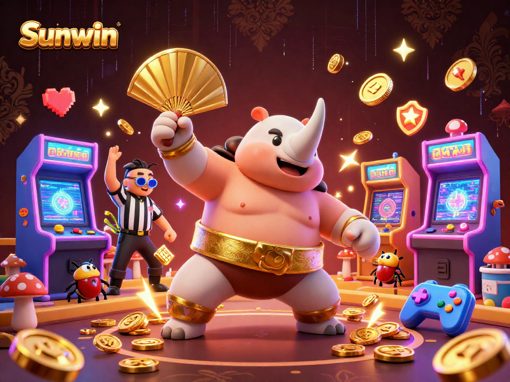 Join the excitement at Sunwin with a vibrant casino scene featuring a beetle champion and colorful arcade elements.