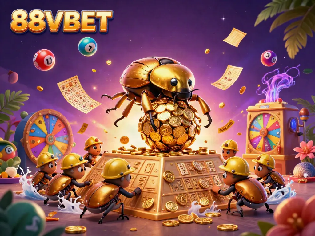 Engage with thrilling games at 88VBET featuring vibrant lottery elements and golden casino symbols.