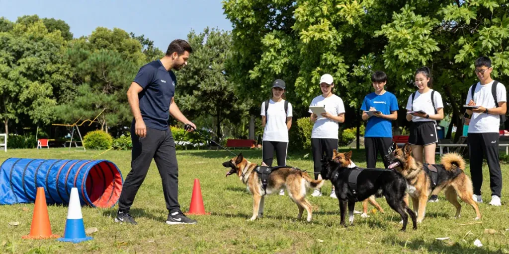 ROKOK88 K9 gear in use by a dog trainer during an outdoor training session with enthusiastic dogs and community support.