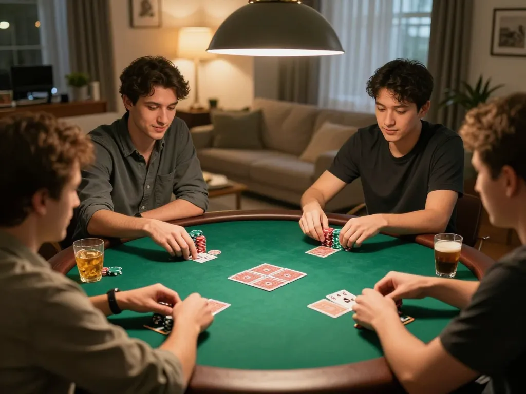 Friends enjoying a competitive poker game at home, showcasing fc88 gameplay strategy with chips and cards, warm atmosphere.