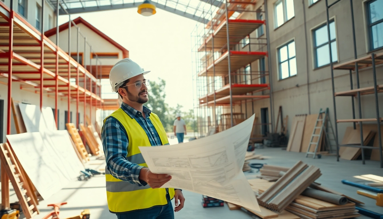 Haus bauen: Architekt bespricht Baupläne auf der Baustelle mit Bauunterlagen und hellem Tageslicht.