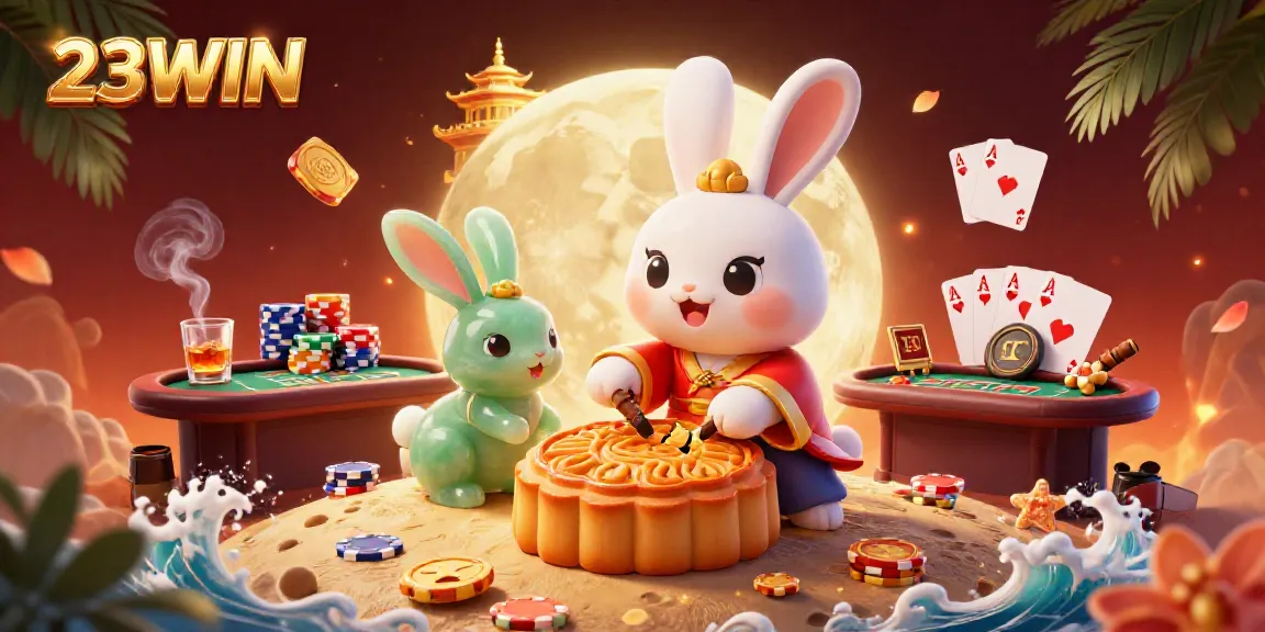 Experience the vibrant 23WIN casino world with a moon rabbit character and poker elements.