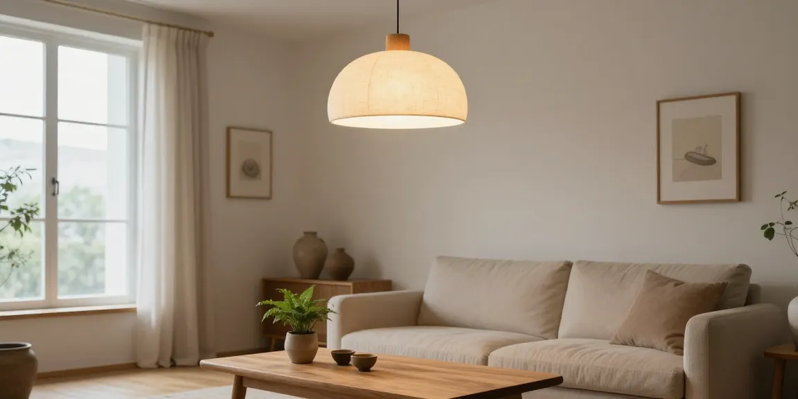 Japandi Deckenlampen erhellen ein minimalistisches Wohnzimmer mit natürlichen Holz- und Textildetails.