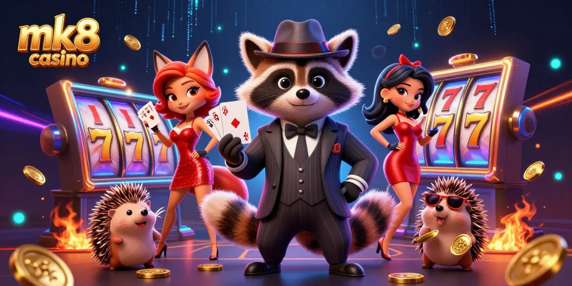 Play thrilling slots at mk8 casino with a 3D raccoon and fox in a vibrant casino scene.
