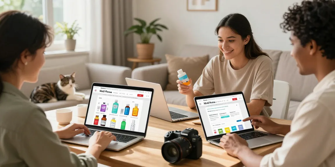 Glückliche Kunden, die online mit dem Medi Pharma Shop interagieren und in einem gemütlichen Zuhause Gesundheitsprodukte erkunden.