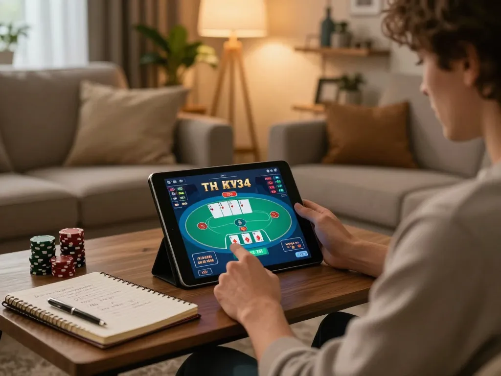 Engaging in poker at home with casino 33win on tablet, cozy setup focusing on responsible gambling.