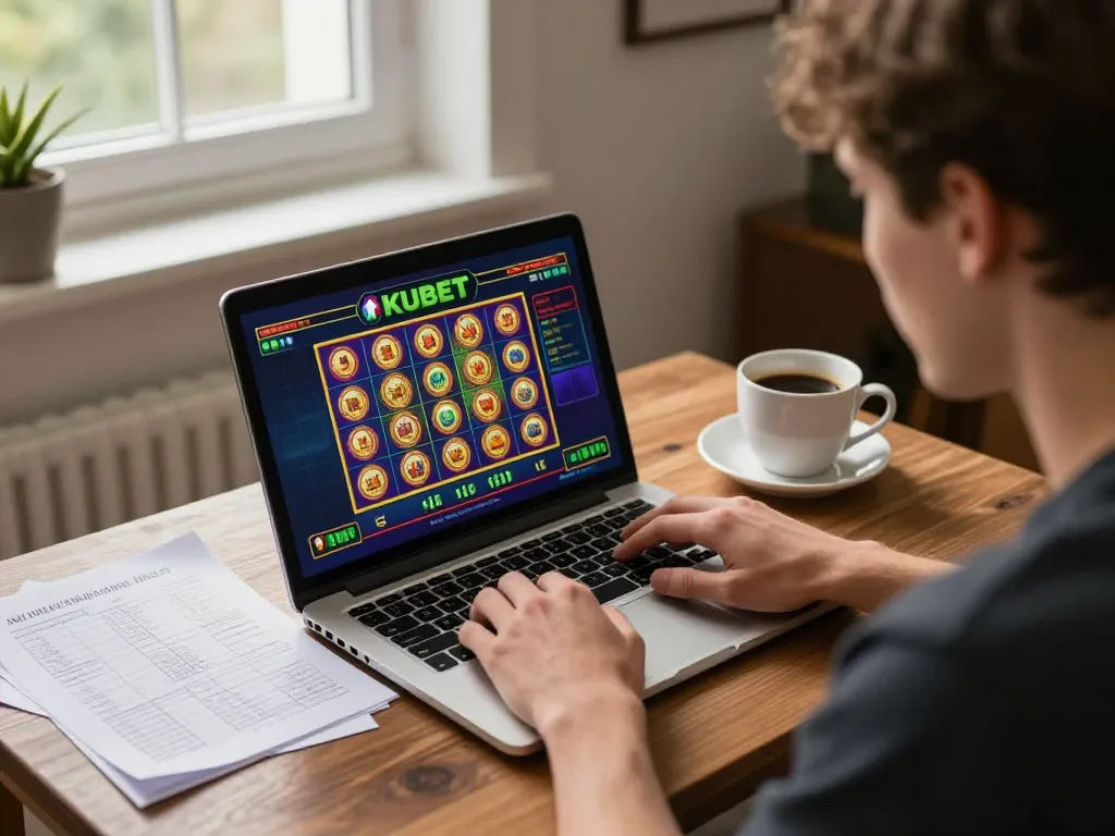 KUBET online gaming with a player focused on slot strategies in a cozy home setup