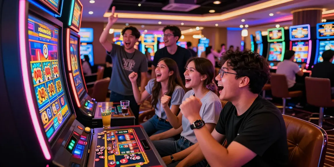 Group celebrating a win at the rokok88 slot machine in a vibrant casino.