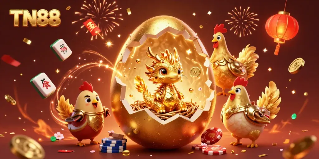 Experience TN88's thrilling world with a golden dragon surrounded by vibrant casino elements.