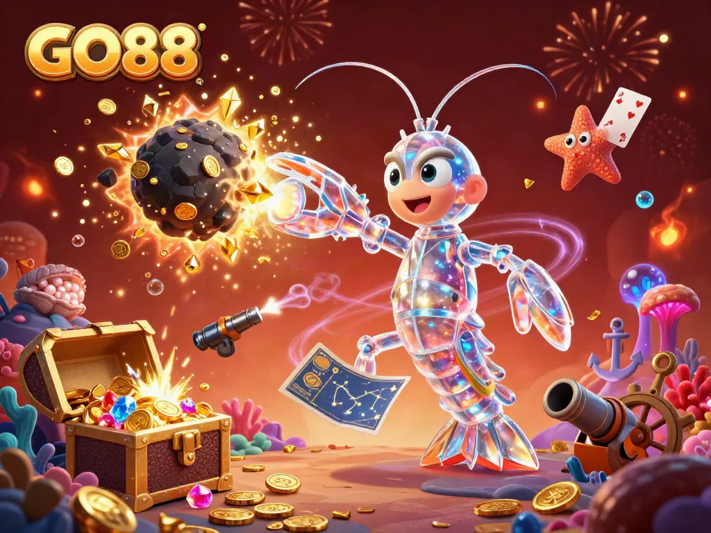 Engage in a thrilling gaming adventure with GO88 as the galactic samurai mantis shrimp battles asteroids for treasures.