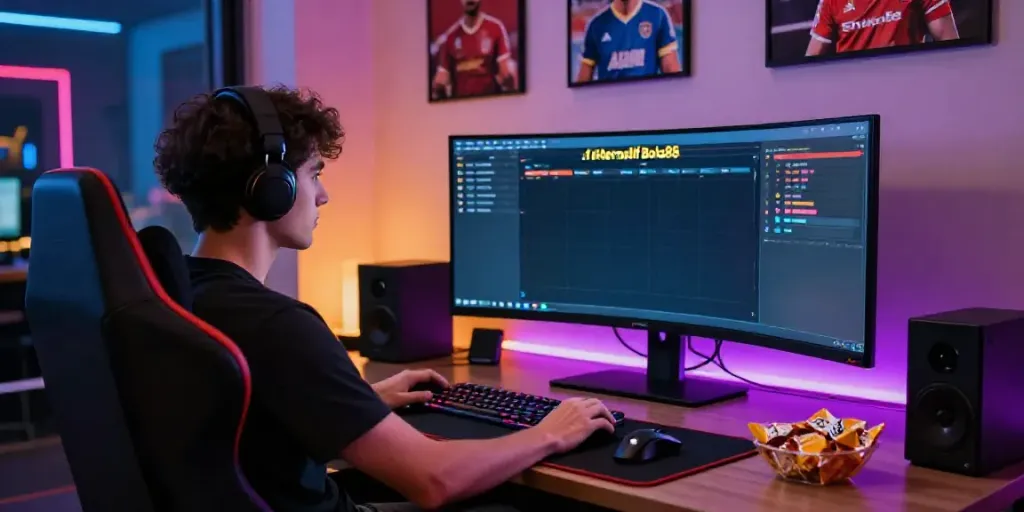 Player engrossed in live betting on Alternatif Bola88 in a modern gaming space.