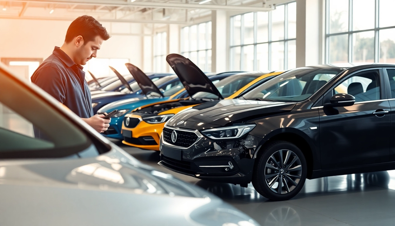 Motorschaden Ankauf: Mechanic inspecting a car with engine damage in a modern showroom.