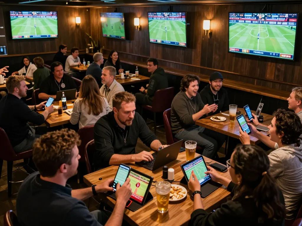 O8 sports betting scene featuring excited patrons placing live bets at a vibrant venue