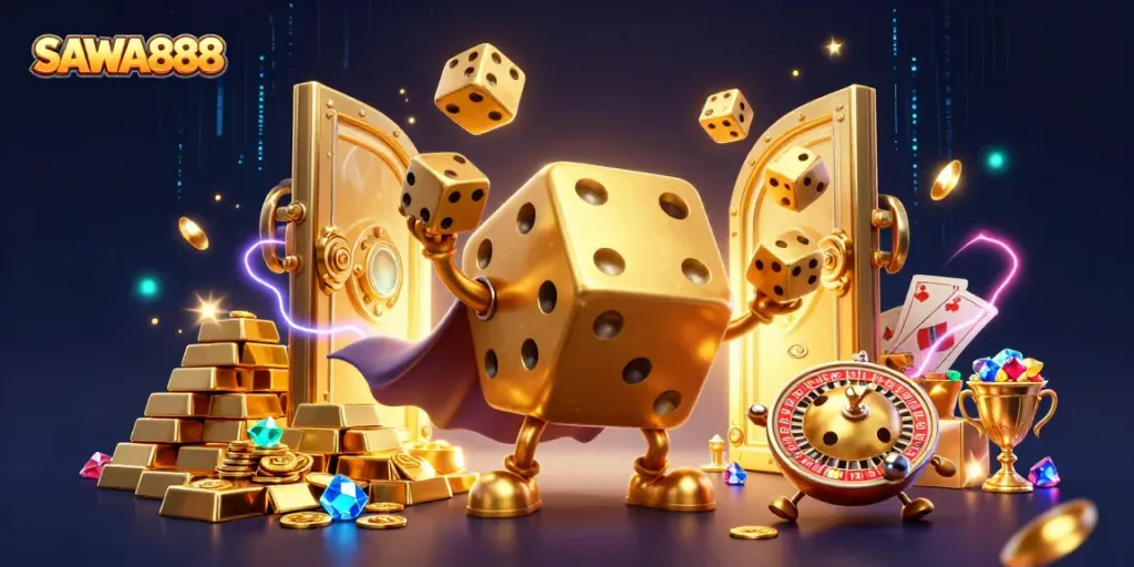 Explore SAWA888, featuring a golden dice golem juggling dice under a glowing treasure vault.