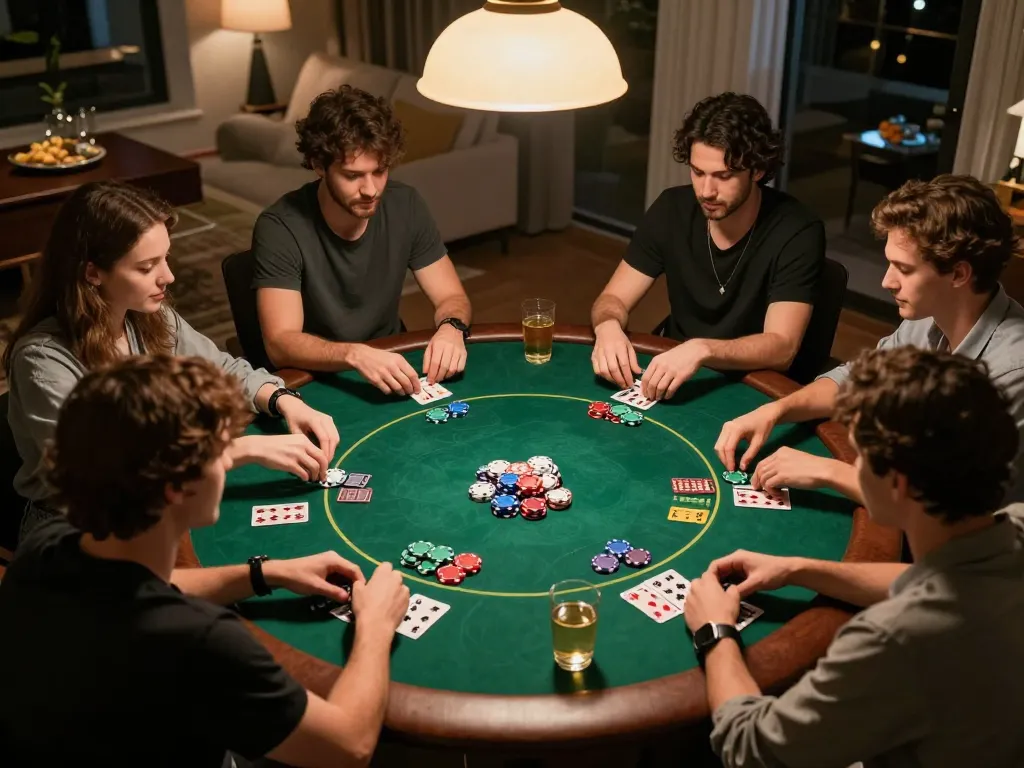 Home poker night with friends playing at a round table, showcasing the thrills of nhà cái sc88 gaming experience.