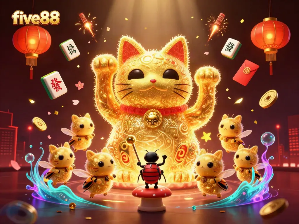 Engage with five88 for thrilling casino fun featuring a lucky cat and vibrant game elements.