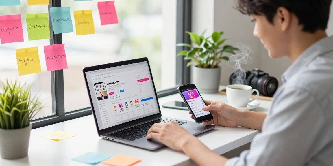 Instagram Views kaufen: Moderne Marketing-Szene mit Analyse von Instagram-Statistiken in einem hellen Arbeitsumfeld