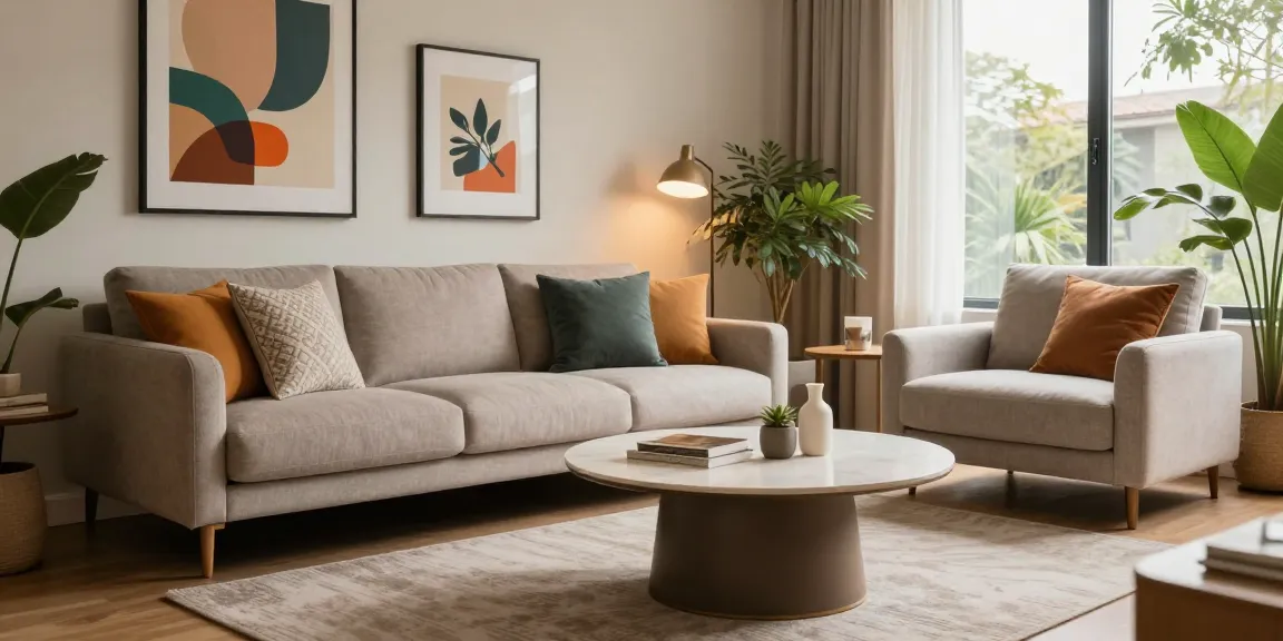 Gemütliches Wohnzimmer mit günstigen Möbeln online, featuring modernem Sofa und stilvollem runden Couchtisch mit warmem Licht.
