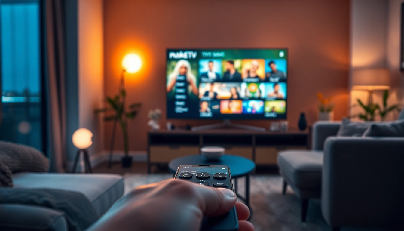 IPTV Anbieter in einem modernen Wohnzimmer mit lebhaftem Streaming-Inhalt.