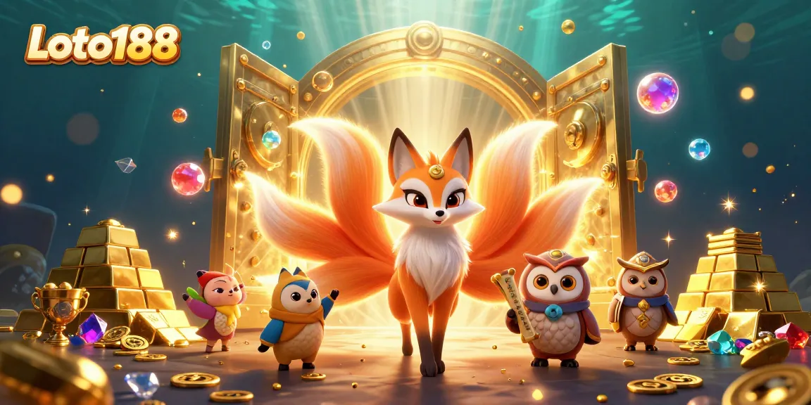 Loto188 delivers vibrant gambling thrills with a nine-tailed fox and owl in a treasure-filled scene.