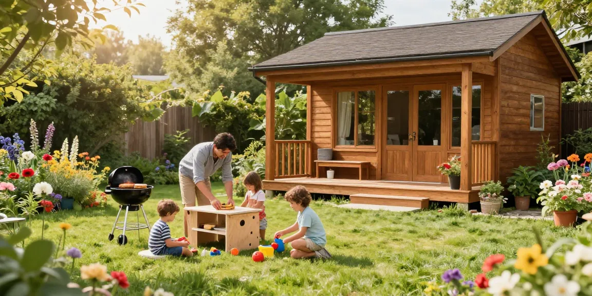 Gemütliches Gartenhaus umgeben von bunten Blumen und spielenden Kindern im Garten, ideal für entspannte Familiennachmittage.